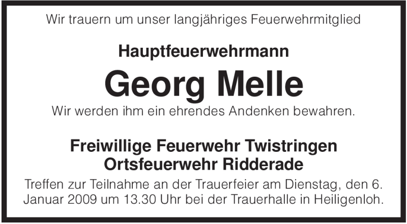  Traueranzeige für Georg Melle vom 02.01.2009 aus KREISZEITUNG SYKE