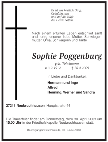 Traueranzeige von Sophie Poggenburg von KREISZEITUNG SYKE