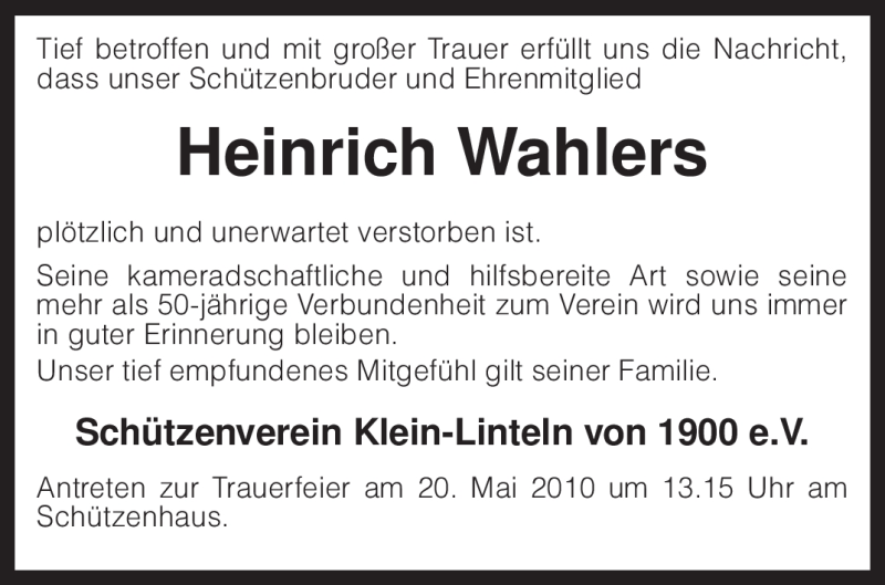  Traueranzeige für Heinrich Wahlers vom 18.05.2010 aus KREISZEITUNG SYKE