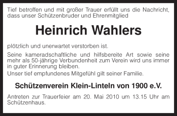 Traueranzeige von Heinrich Wahlers von KREISZEITUNG SYKE