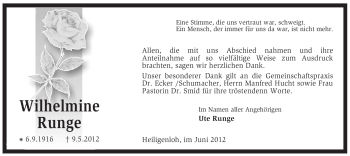 Traueranzeige von Wilhelmine Runge von KREISZEITUNG SYKE