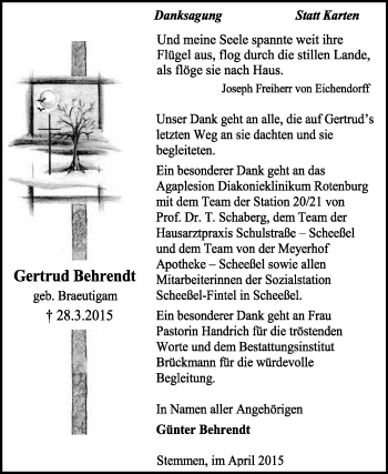 Traueranzeige von Gertrud Behrendt von KRZ