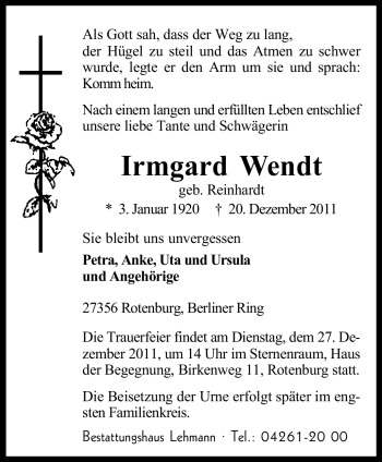 Traueranzeige von Irmgard Wendt von KREISZEITUNG SYKE
