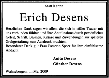 Traueranzeige von Erich Desens von KREISZEITUNG SYKE