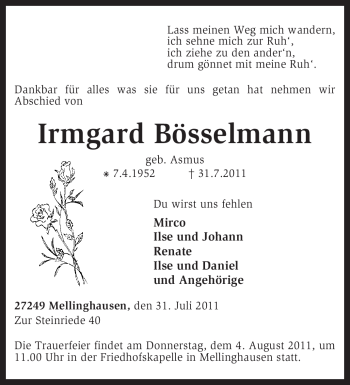 Traueranzeige von Irmgard Bösselmann von KREISZEITUNG SYKE