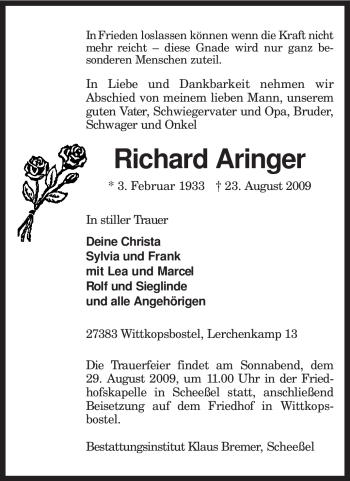 Traueranzeige von Richard Aringer von KREISZEITUNG SYKE