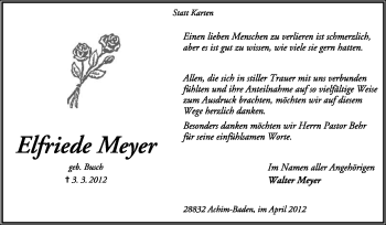 Traueranzeige von Elfriede Meyer von KREISZEITUNG SYKE
