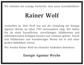 Traueranzeige von Rainer Wolf von KREISZEITUNG SYKE