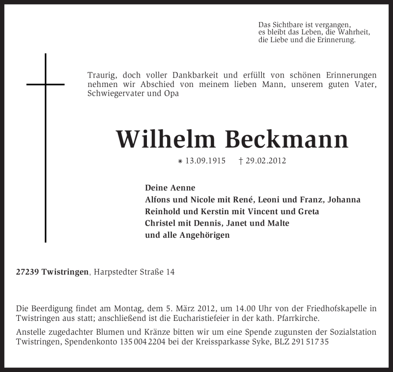 jeg behøver botanist navneord Traueranzeigen von Wilhelm Beckmann | trauer.kreiszeitung.de