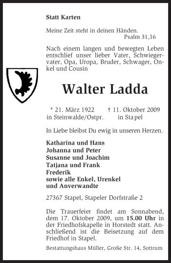 Traueranzeige von Walter Ladda von KREISZEITUNG SYKE