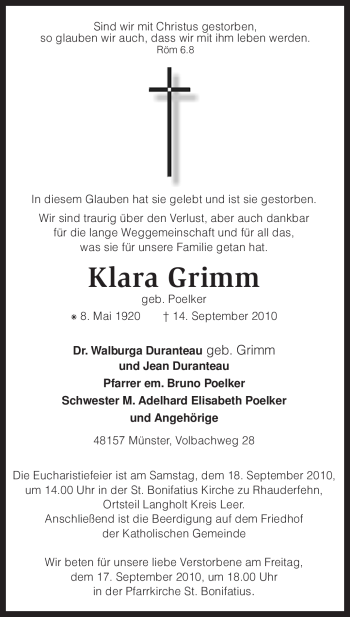 Traueranzeige von Klara Grimm von KREISZEITUNG SYKE