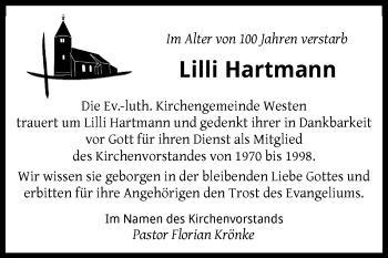 Traueranzeige von Lilli Hartmann von KRZ