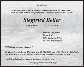 Traueranzeige von Siegfried Beiler von KREISZEITUNG SYKE