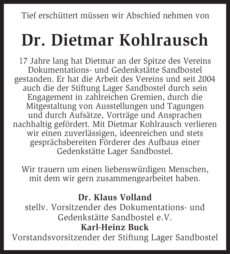  Traueranzeige für Dietmar Kohlrausch vom 04.04.2009 aus KREISZEITUNG SYKE