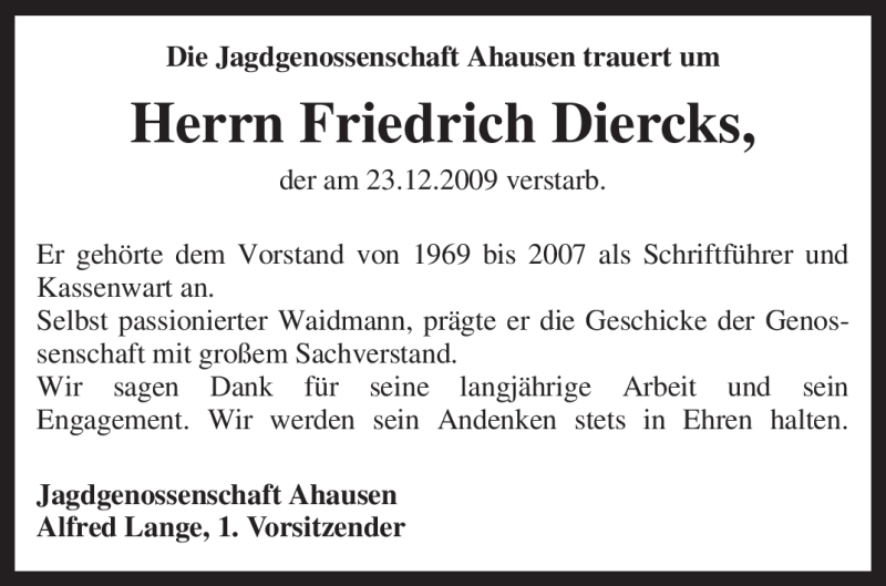  Traueranzeige für Friedrich Diercks vom 28.12.2009 aus KREISZEITUNG SYKE