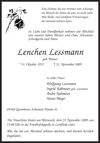 Traueranzeige von Lenchen Lessmann von KREISZEITUNG SYKE