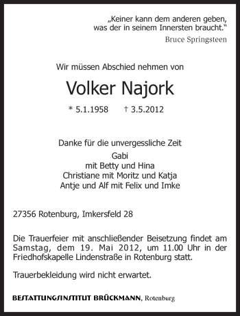 Traueranzeige von Volker Najork von KREISZEITUNG SYKE