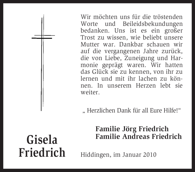  Traueranzeige für Gisela Friedrich vom 08.01.2010 aus KREISZEITUNG SYKE