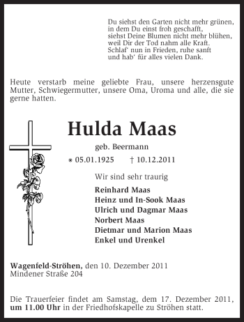 Traueranzeige von Hulda Maas von KREISZEITUNG SYKE