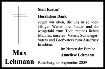 Traueranzeige von Max Lehmann von KREISZEITUNG SYKE