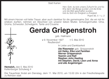 Traueranzeige von Gerda Griepenstroh von KREISZEITUNG SYKE