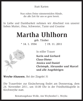 Traueranzeige von Martha Uhlhorn von KREISZEITUNG SYKE