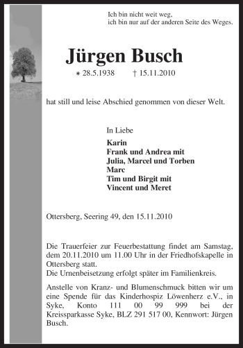 Traueranzeige von Jürgen Busch von KREISZEITUNG SYKE