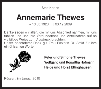 Traueranzeige von Annemarie Thewes von KREISZEITUNG SYKE