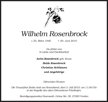 Traueranzeige von Wilhelm Rosenbrock von KREISZEITUNG SYKE