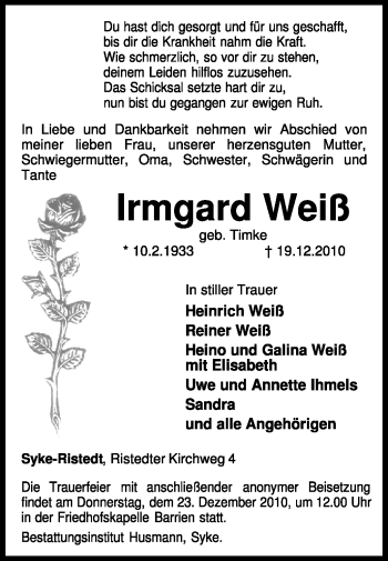 Traueranzeige von Irmgard Weiß von KREISZEITUNG SYKE