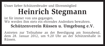 Traueranzeige von Heinrich Stegmann von KREISZEITUNG SYKE