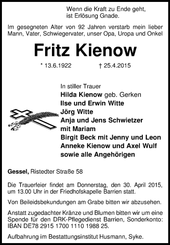 Traueranzeige von Fritz Kienow von KRZ