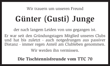 Traueranzeige von Günter Junge von KREISZEITUNG SYKE