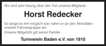 Traueranzeige von Horst Redecker von KREISZEITUNG SYKE