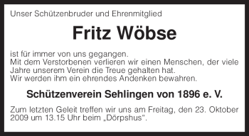 Traueranzeige von Fritz Wöbse von KREISZEITUNG SYKE