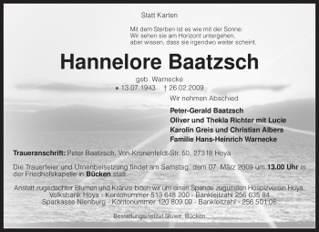 Traueranzeige von Hannelore Baatzsch von KREISZEITUNG SYKE