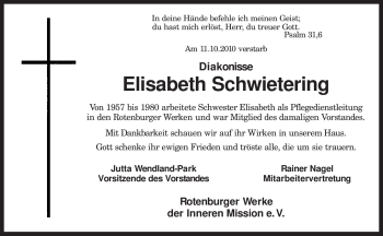 Traueranzeige von Elisabeth Schwietering von KREISZEITUNG SYKE