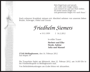 Traueranzeige von Friedhelm Siemers von KREISZEITUNG SYKE