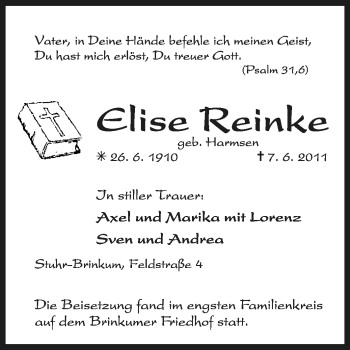 Traueranzeige von Elise Reinke von KREISZEITUNG SYKE