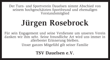 Traueranzeige von Jürgen Rosebrock von KREISZEITUNG SYKE