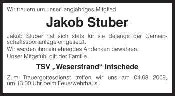 Traueranzeige von Jakob Stuber von KREISZEITUNG SYKE