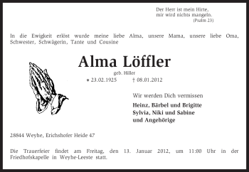 Traueranzeige von Alma Löffler von KREISZEITUNG SYKE