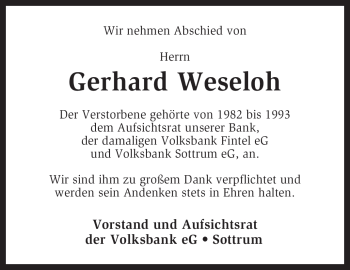 Traueranzeige von Gerhard Weseloh von KREISZEITUNG SYKE