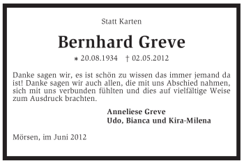 Traueranzeige von Bernhard Greve von KREISZEITUNG SYKE