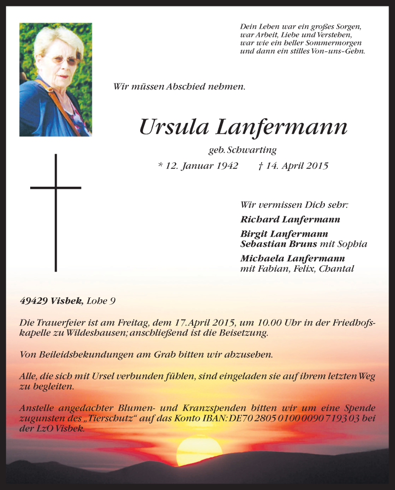  Traueranzeige für Ursula Lanfermann vom 15.04.2015 aus KRZ