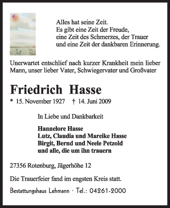 Traueranzeige von Friedrich Hasse von KREISZEITUNG SYKE