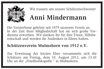 Traueranzeige von Anni Mindermann von KREISZEITUNG SYKE