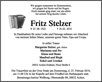 Traueranzeige von Fritz Stelzer von KREISZEITUNG SYKE