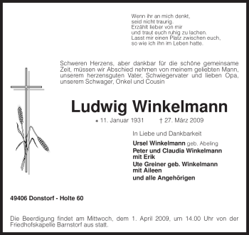 Traueranzeige von Ludwig Winkelmann von KREISZEITUNG SYKE