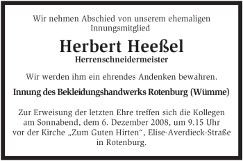 Traueranzeige von Herbert Heeßel von KREISZEITUNG SYKE
